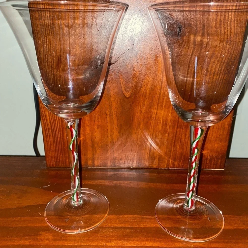 Pier 1 Glass Goblets Ribbon Candy RED WHITE GREEN Swirl Stems Set of 2 9